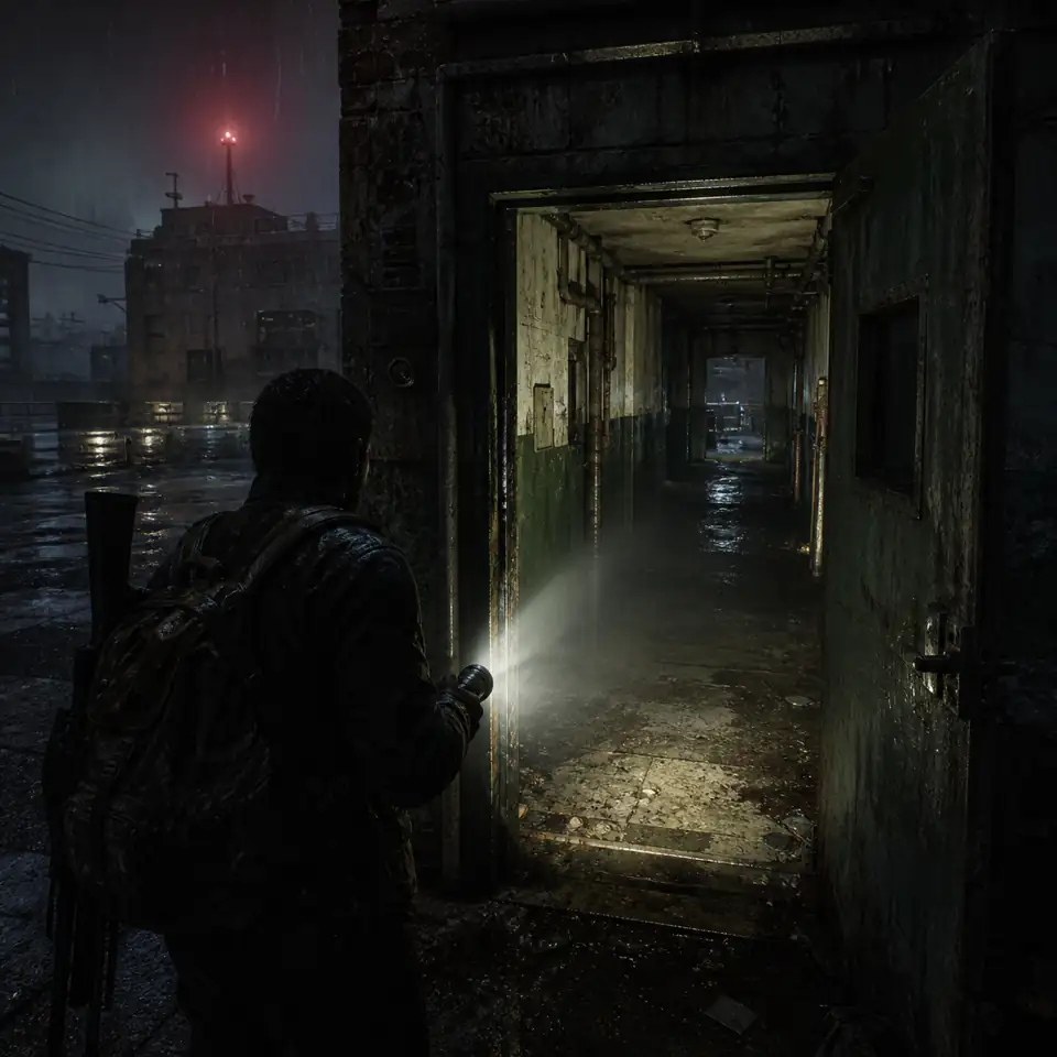 Lone survivor pausing at a lit emergency doorway to decide whether to extract or continue