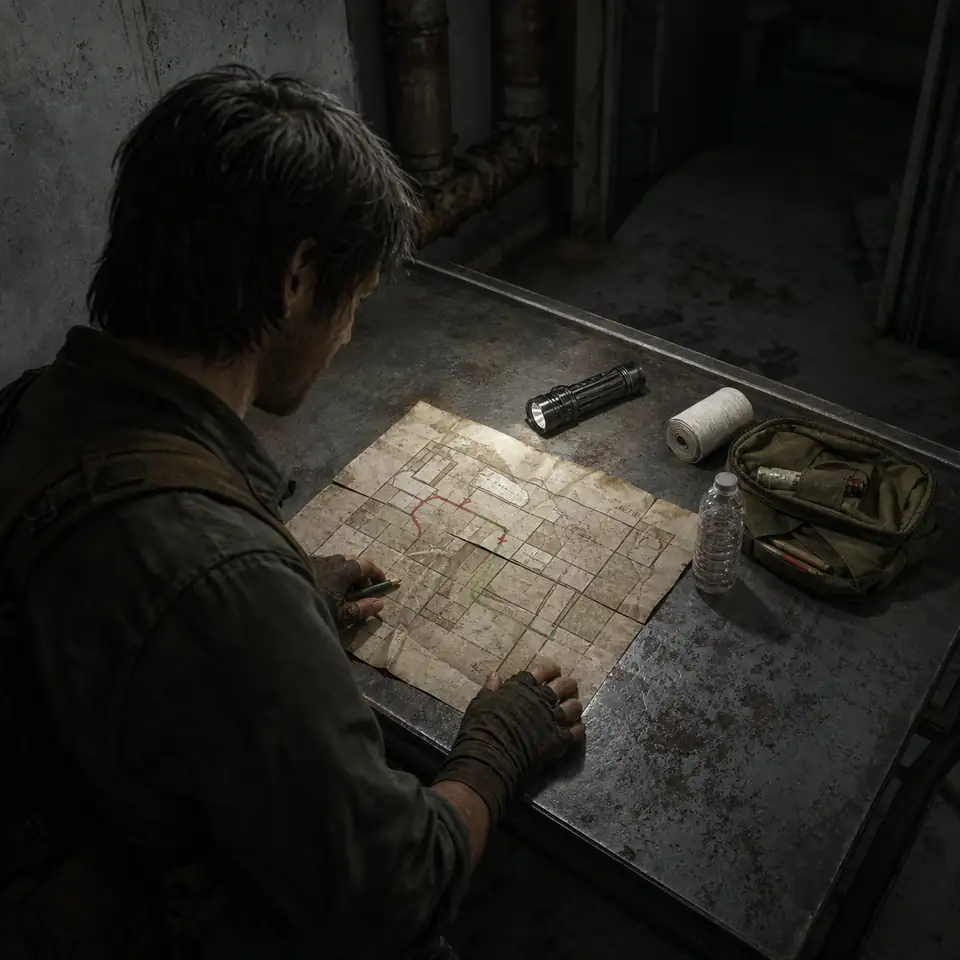 Solo survivor organizing a paper route map, flashlight, bandage, water, and supply pouch before entering a corridor